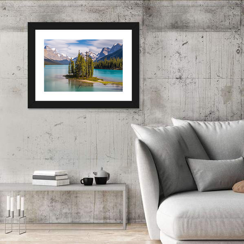 Spirit Island at Maligne Lake Wall Art in a room, landscape