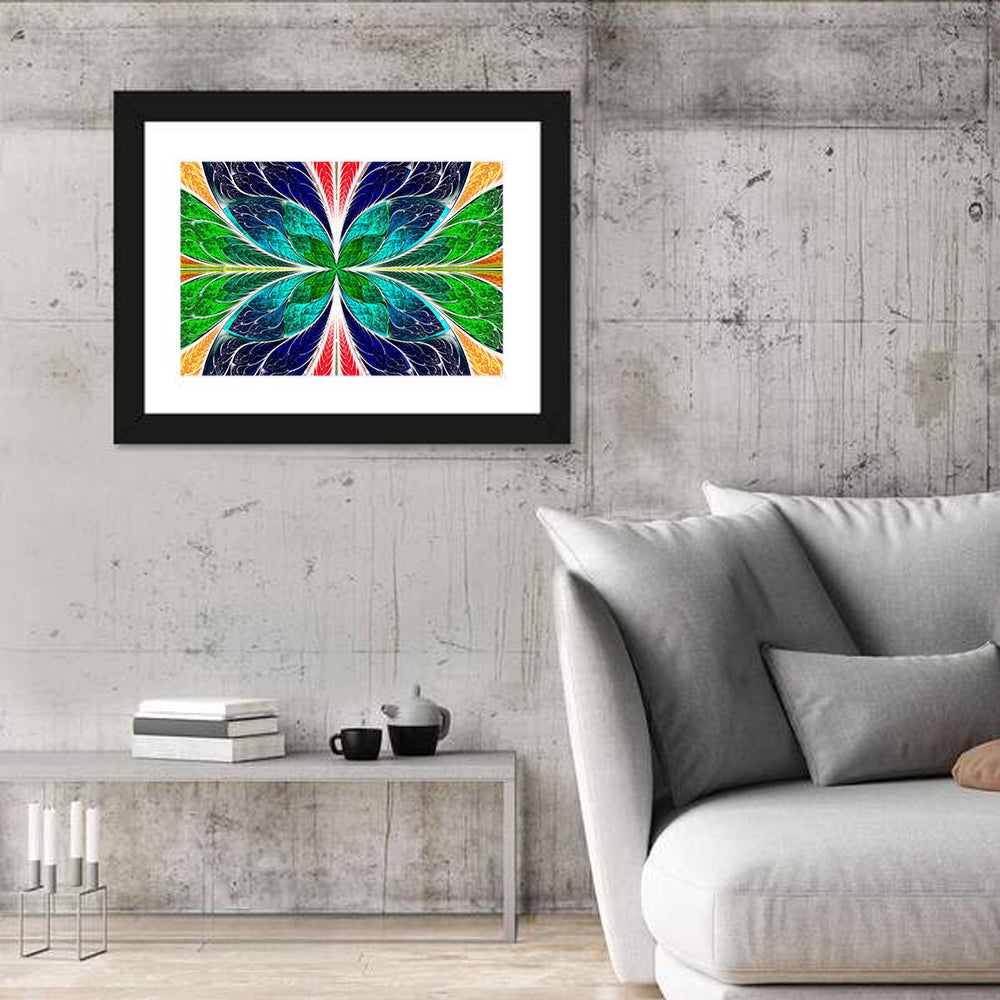 Stained Glass Fractal Floral Pattern Wall Art in a room, landscape
