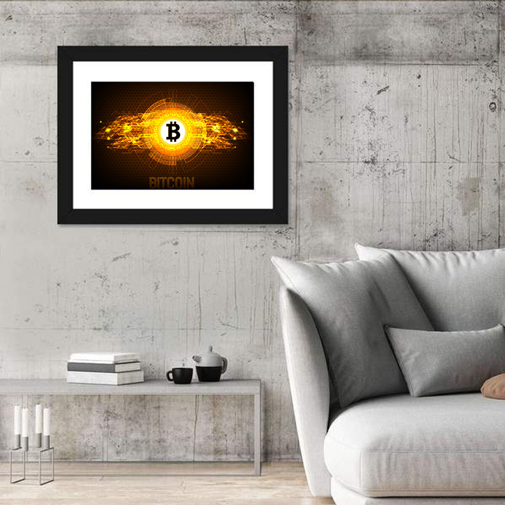 Futuristic Bitcoin Circuit Wall Art in a room, landscape