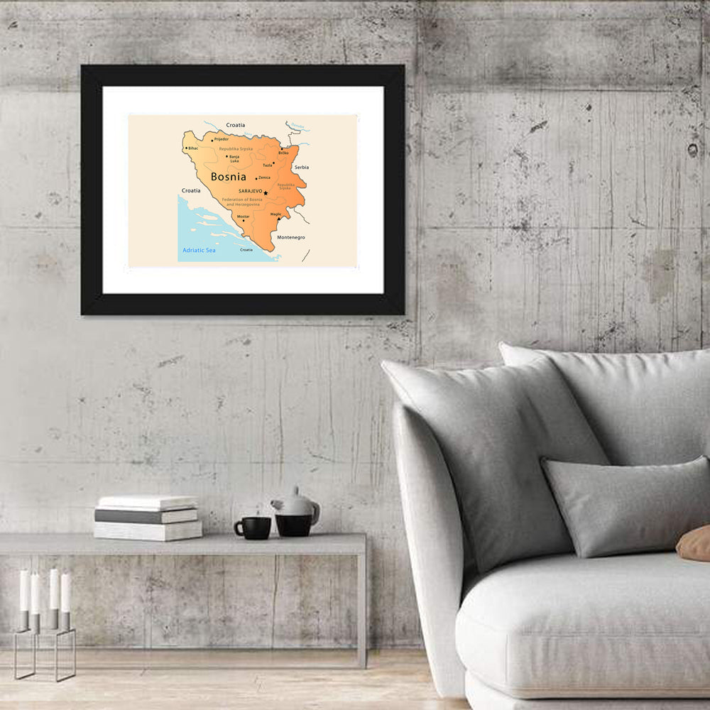 Map of Bosnia and Herzegovina Wall Art in a room, landscape