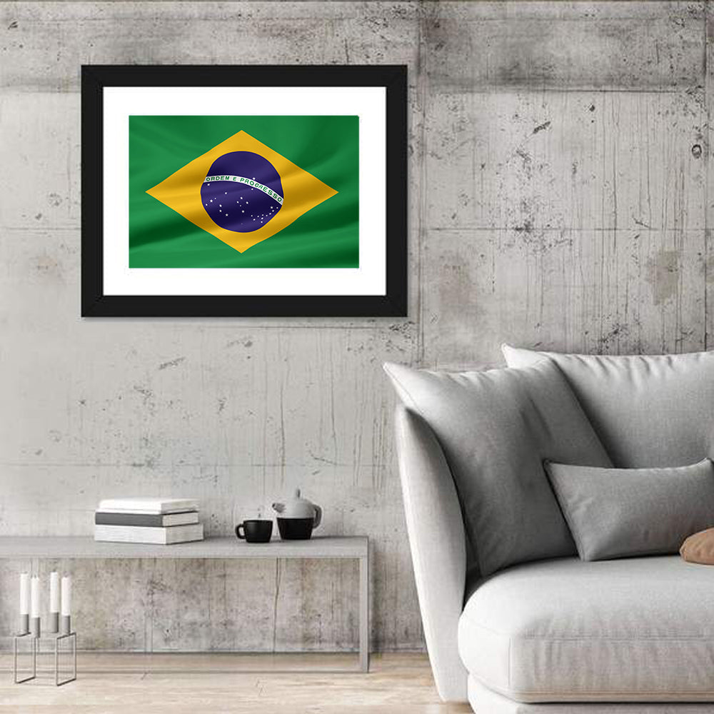 Brazil Flag with Ordem E Progresso Wall Art in a room, landscape