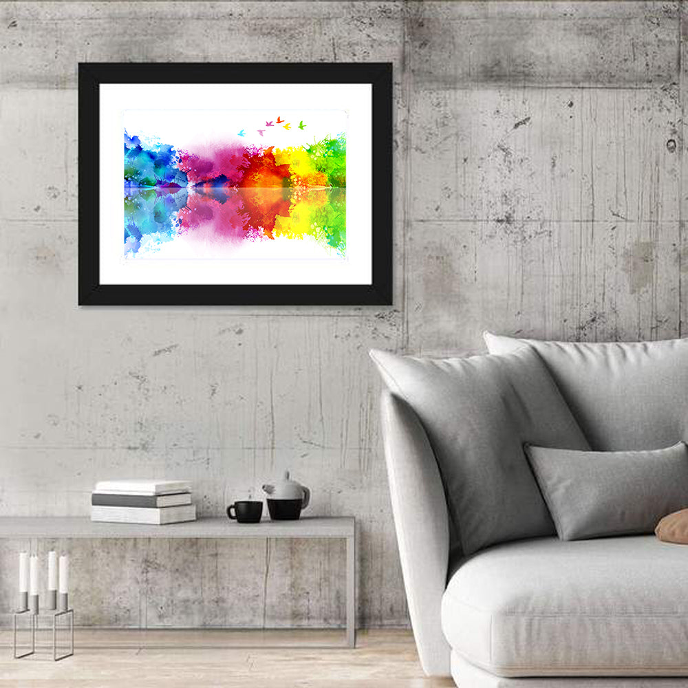 Mirrored Flock of Birds Watercolor Wall Art in a room, landscape
