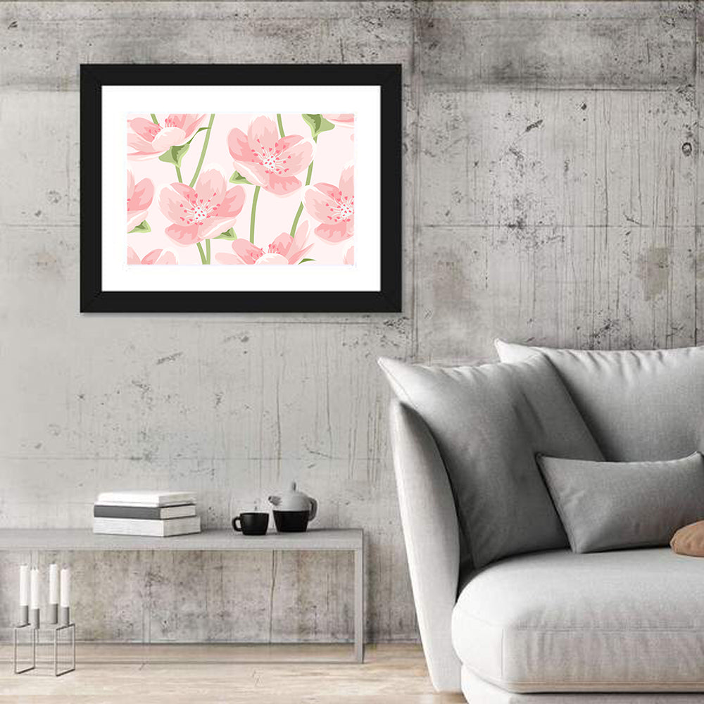 Spring Pink Sakura Magnolia Pattern Wall Art in a room, landscape