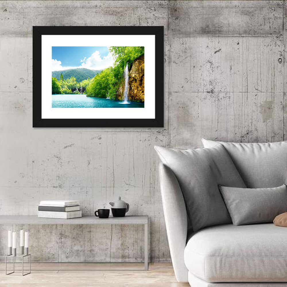 Plitvice Lakes Waterfall Wall Art in a room, landscape