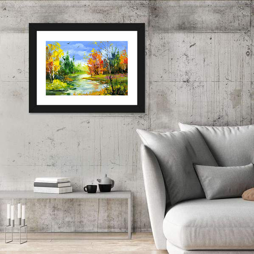 Winding Autumn Stream Wall Art in a room, landscape