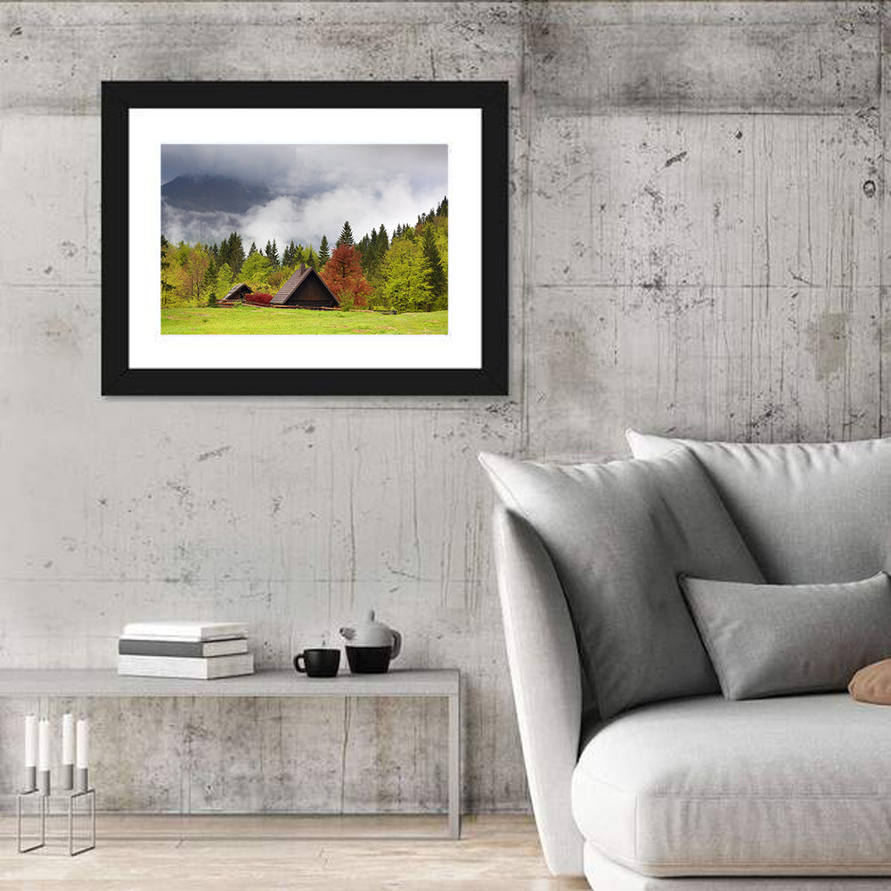 Slovenian Alps Cabin in Fog Wall Art in a room, landscape
