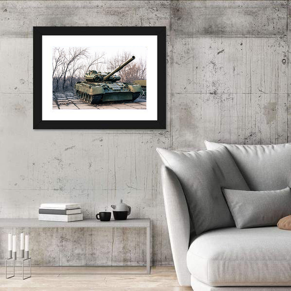 Olive Green Military Tank Wall Art in a room, landscape
