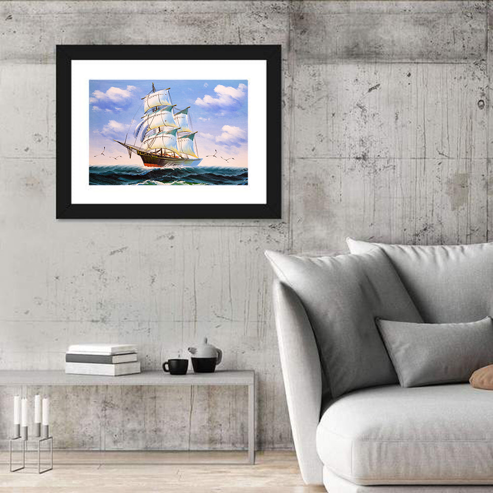 Sailing Ship with White Sails Wall Art in a room, landscape