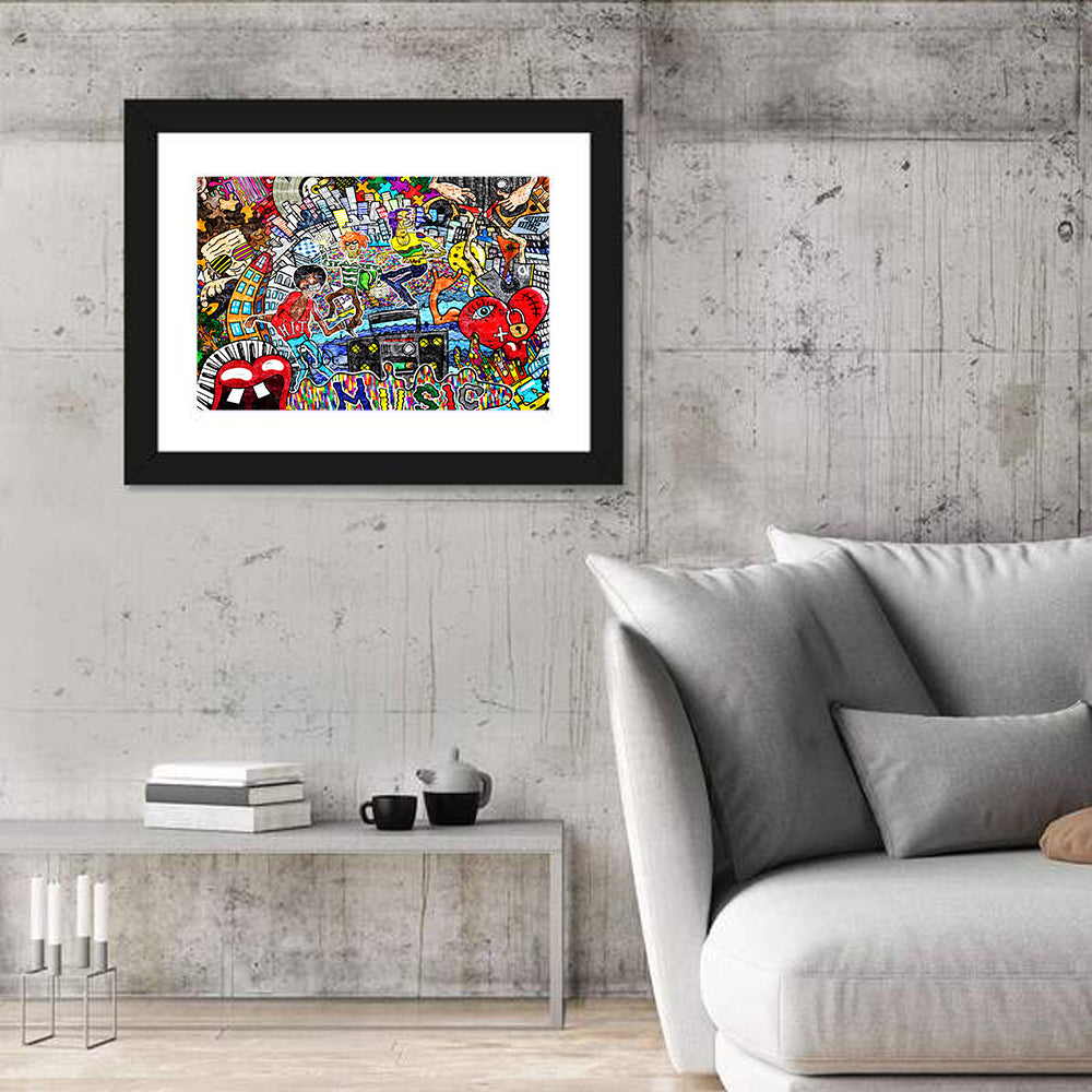 Urban Music Collage Wall Art in a room, landscape