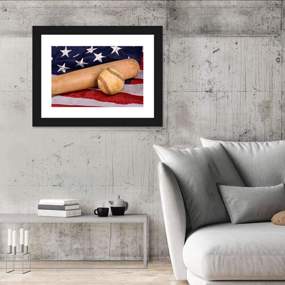 Baseball and Bat on American Flag Wall Art in a room, landscape