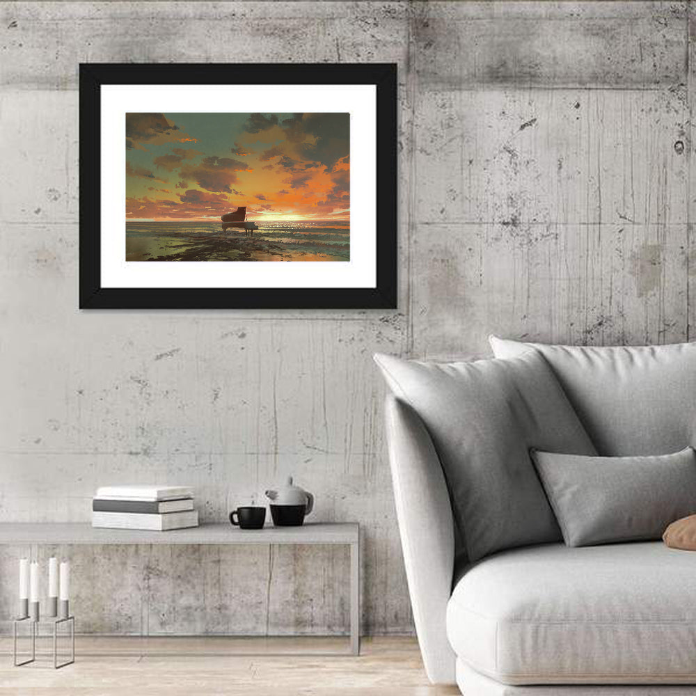 Piano on the Beach at Sunset Wall Art