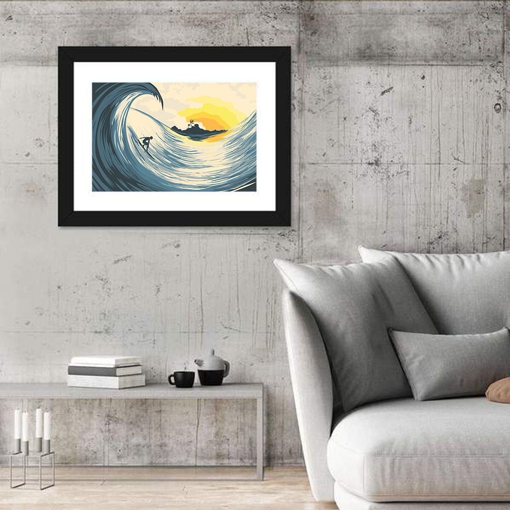 Tropical Sunset Surf Scene Wall Art in a room, landscape