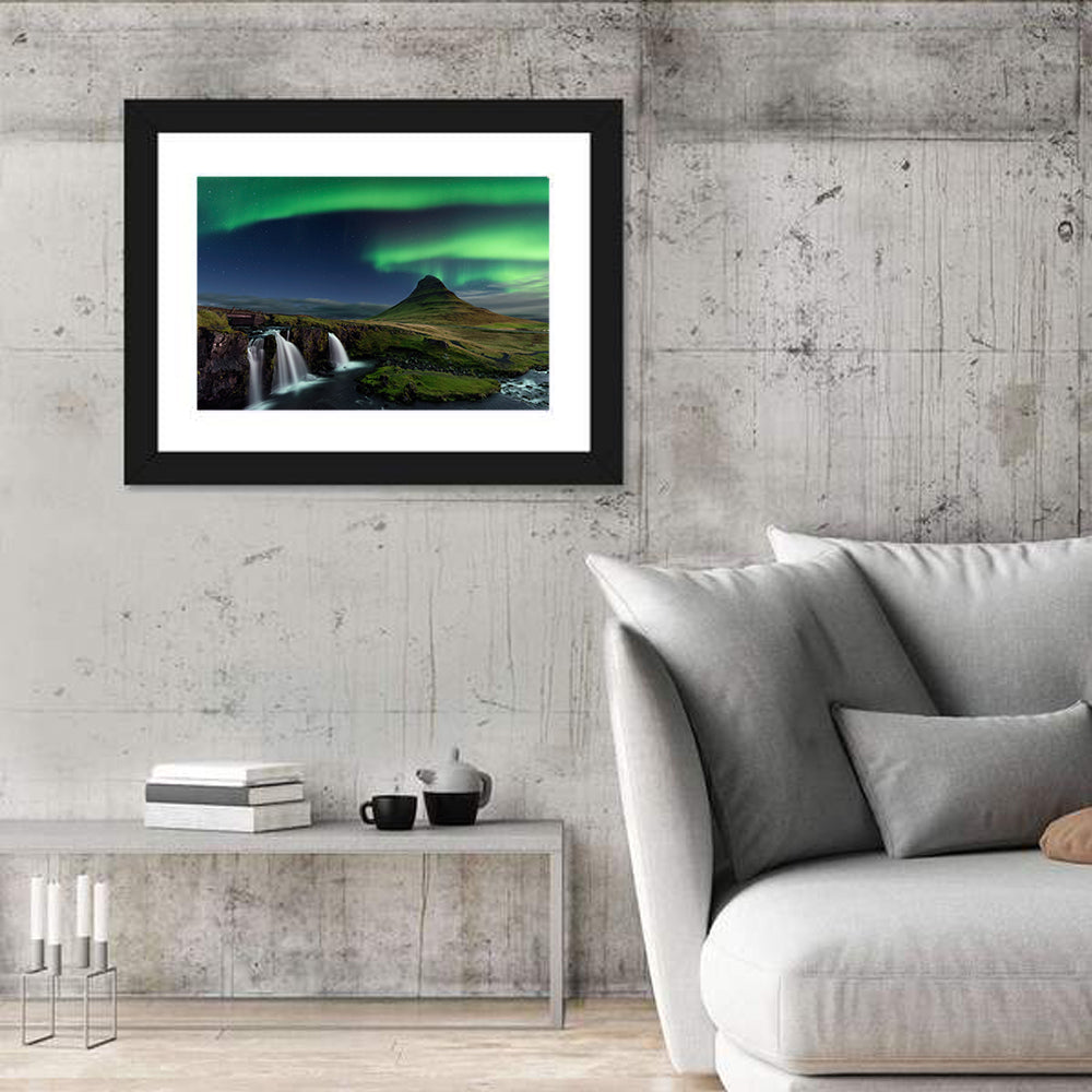 Northern Lights Over Kirkjufellsfoss Wall Art in a room, landscape