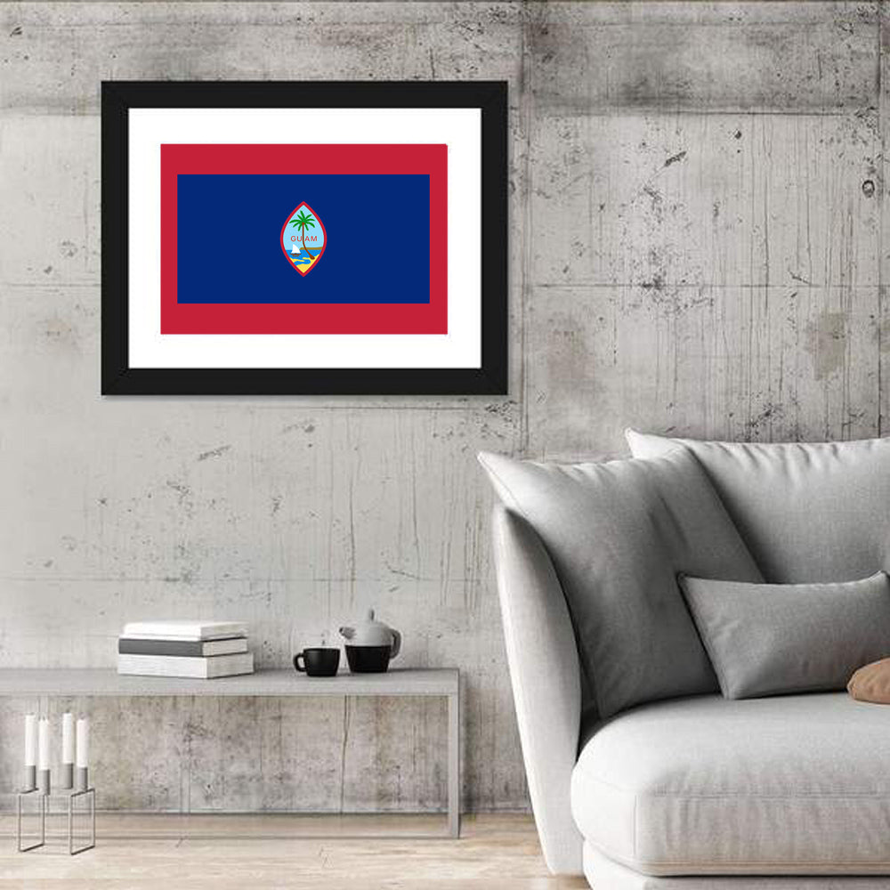 Guam Flag Emblem with Palm and Boat Wall Art in a room, landscape