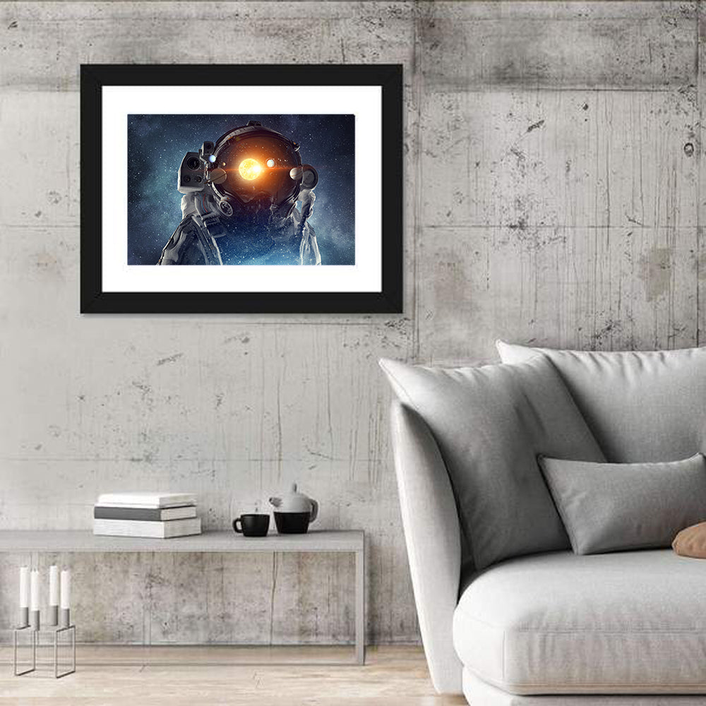 Astronaut Helmet with Solar System Wall Art in a room, landscape