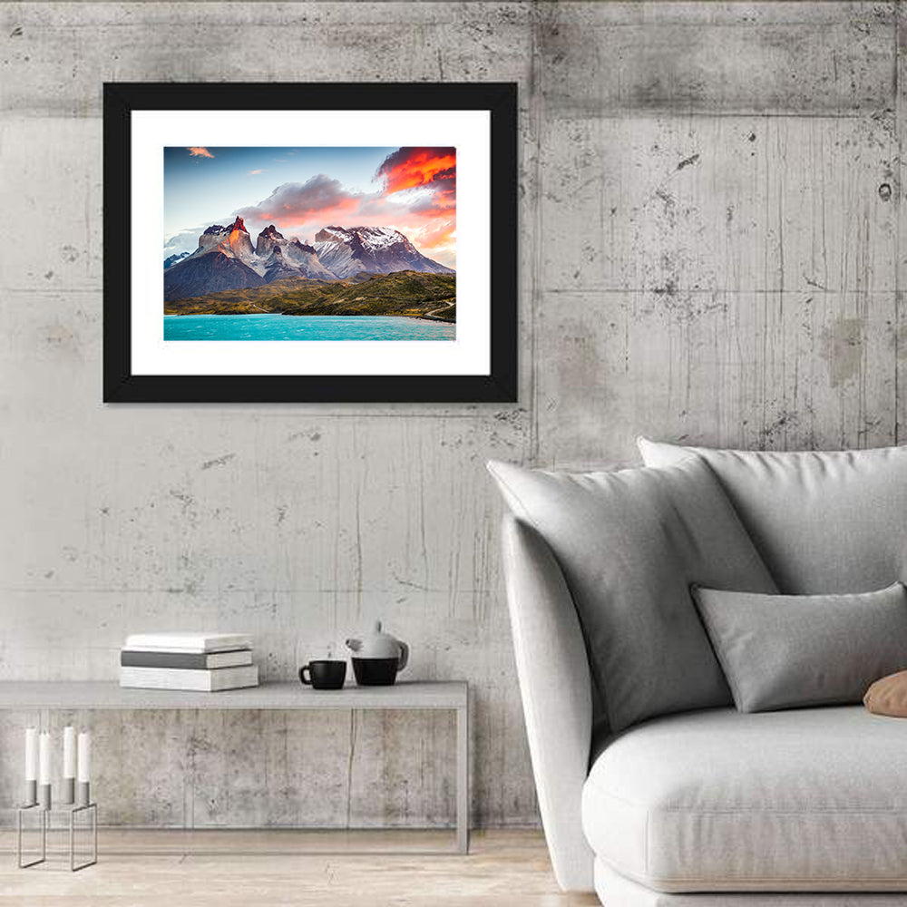 Torres Del Paine Sunset Wall Art in a room, landscape
