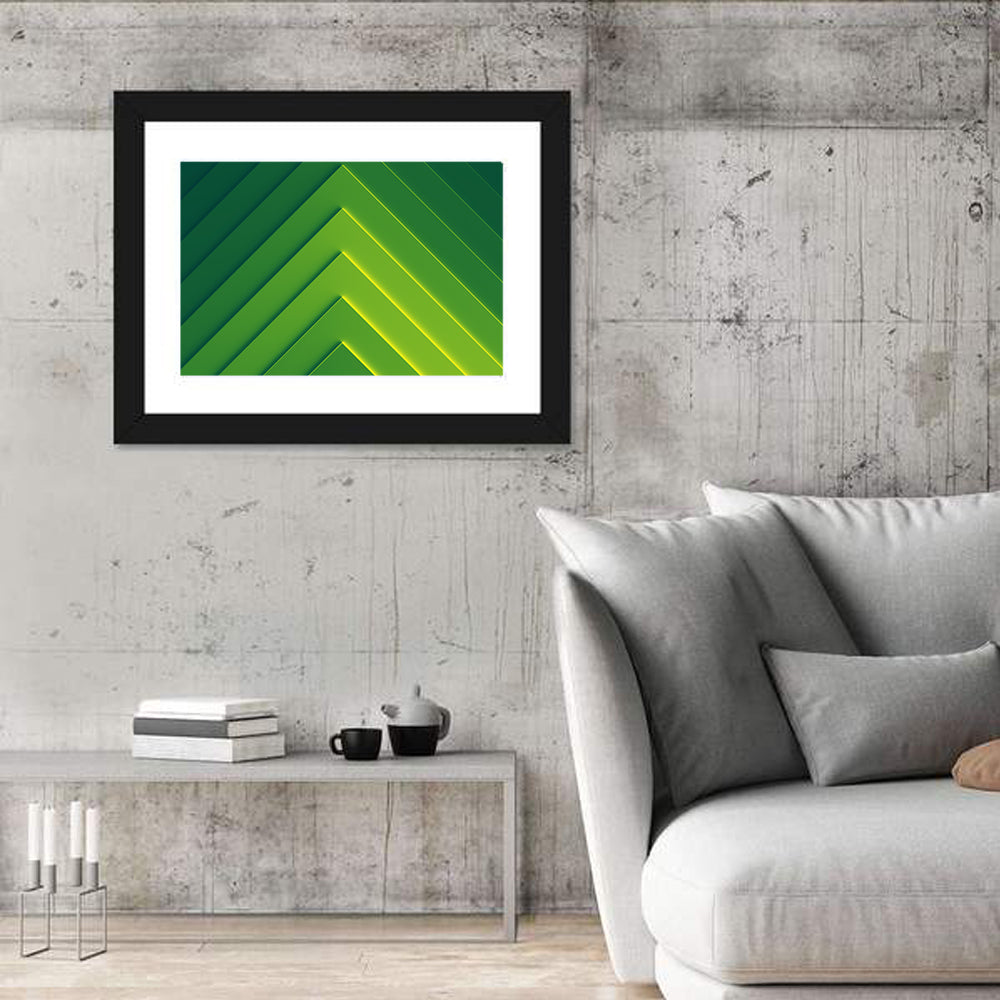 Green Chevron Geometric Abstract Wall Art in a room, landscape
