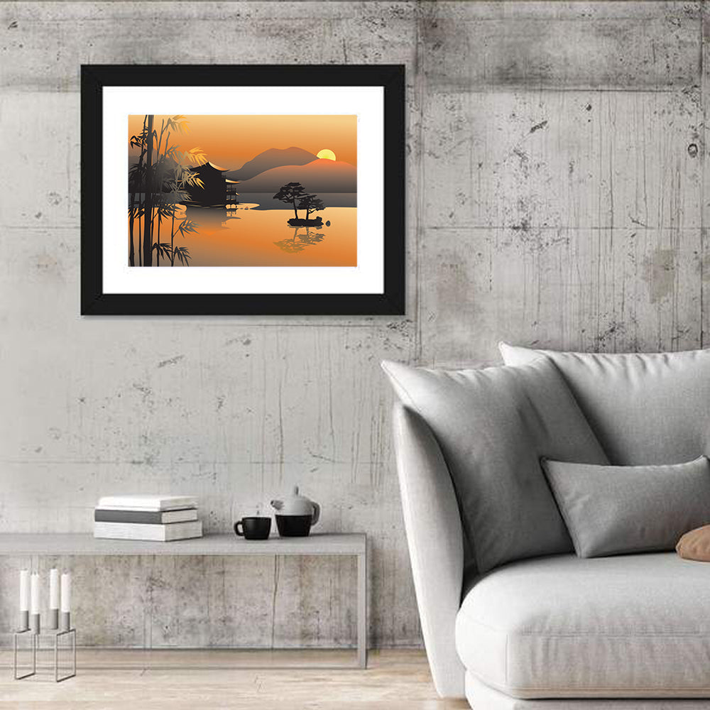 Sunset Over Asian Lake Illustration Wall Art