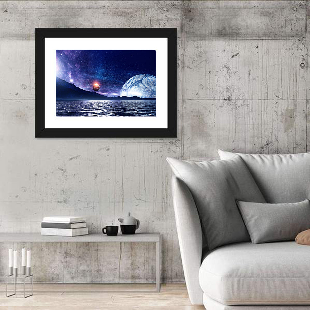 Hidden Moon Over Alien Sea Wall Art in a room, landscape