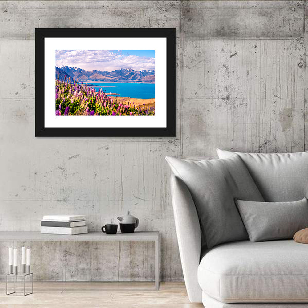 Lake Tekapo Lupine Meadow Wall Art in a room, landscape