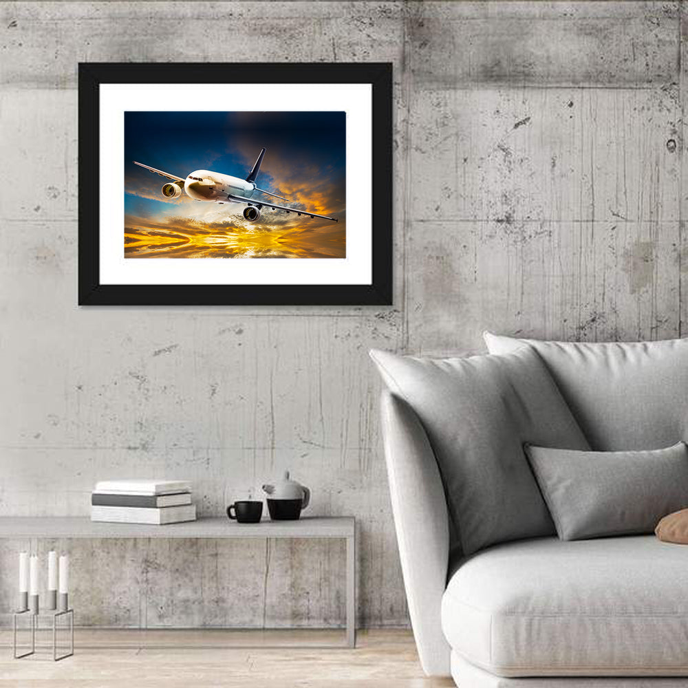 Jet Over Golden Cloudscape Wall Art in a room, landscape