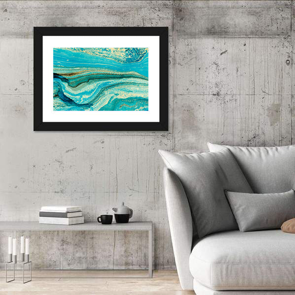 Teal Marble Waves Wall Art in a room, landscape