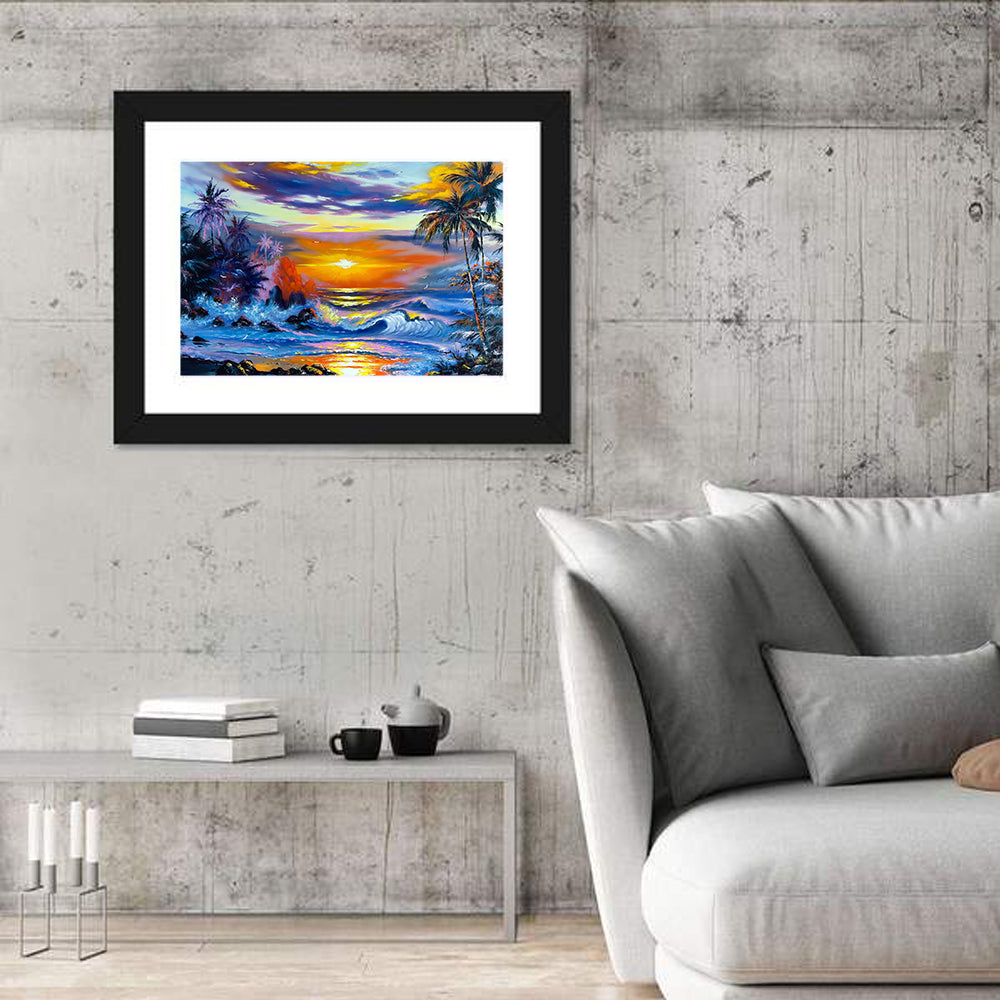 Evening Coastal Sunset with Palm Silhouettes Wall Art in a room, landscape