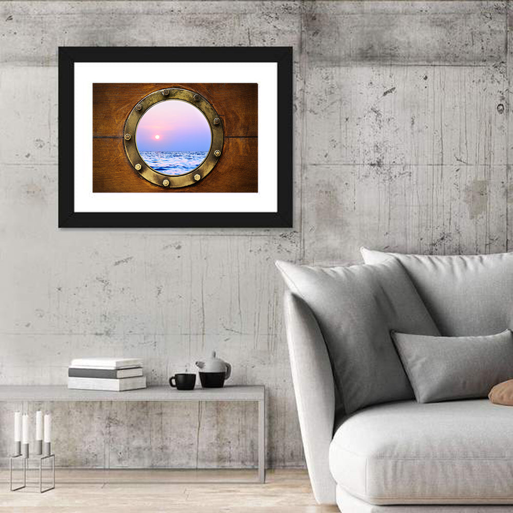 Brass Porthole with Sunset Horizon Wall Art in a room, landscape