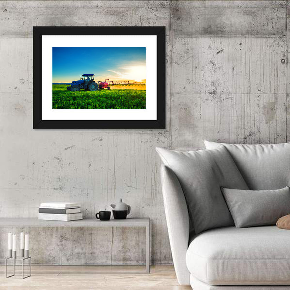 Tractor Spraying Crops at Golden Hour Wall Art in a room, landscape