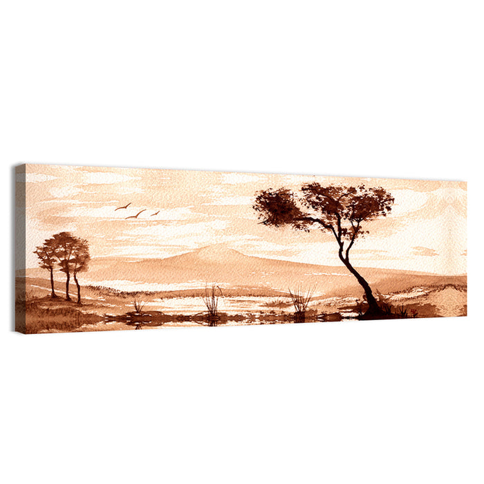 Sepia Lakeside Landscape Wall Art as a canvas print
