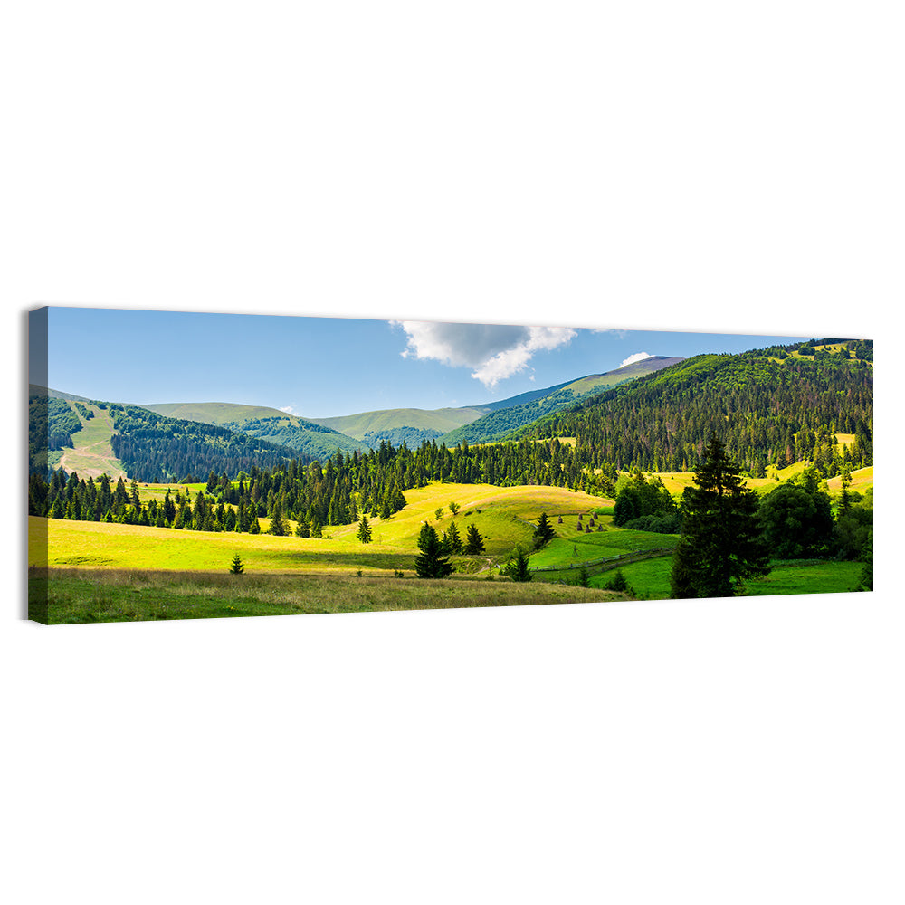 Sunlit Haystacks on Rolling Grassy Hills Wall Art