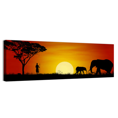 Massai Warrior and Elephants at Sunset Wall Art