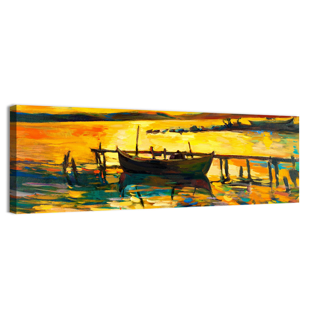 Sunset Boat at Jetty Oil Painting Wall Art