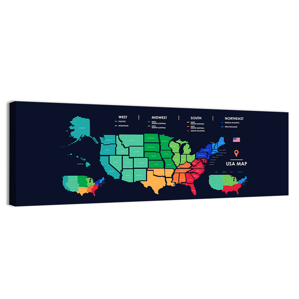 Color Coded US Regions Map Wall Art