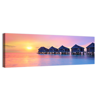 Maldives Sunset Over Water Bungalows Wall Art