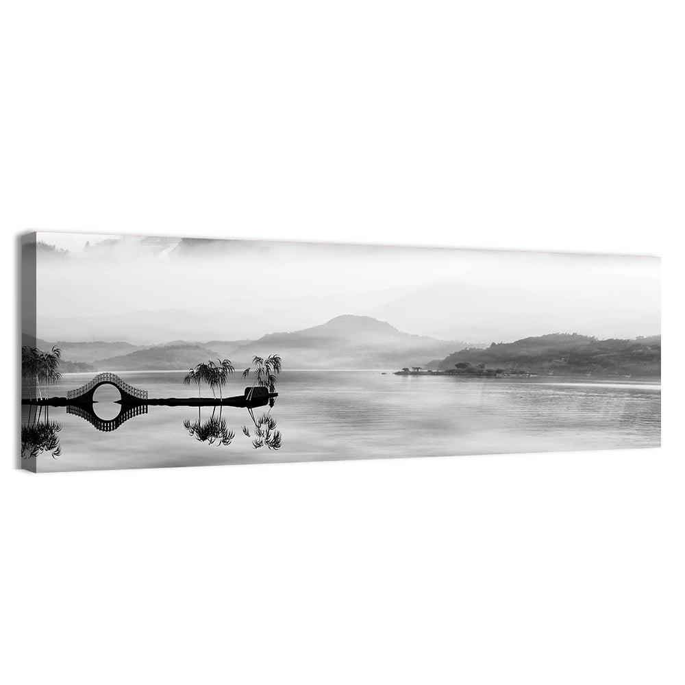 Misty Chinese Lake with Bridge Wall Art