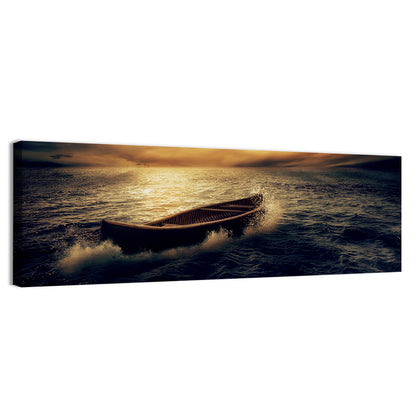 Moonlit Boat in Stormy Ocean Wall Art