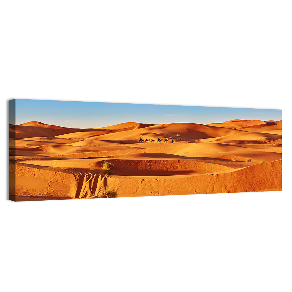 Sunlit Sahara Dunes with Camel Caravan Wall Art