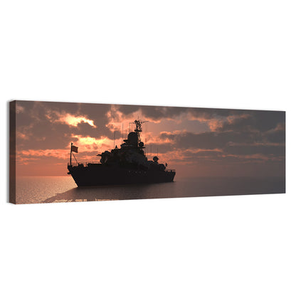 Warship Silhouette at Sunset Wall Art