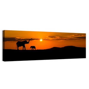 Elephants In Savannah At Sunset Wall Art