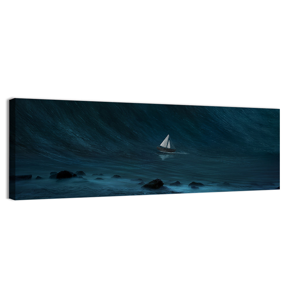 Sailboat Against Giant Wave Wall Art