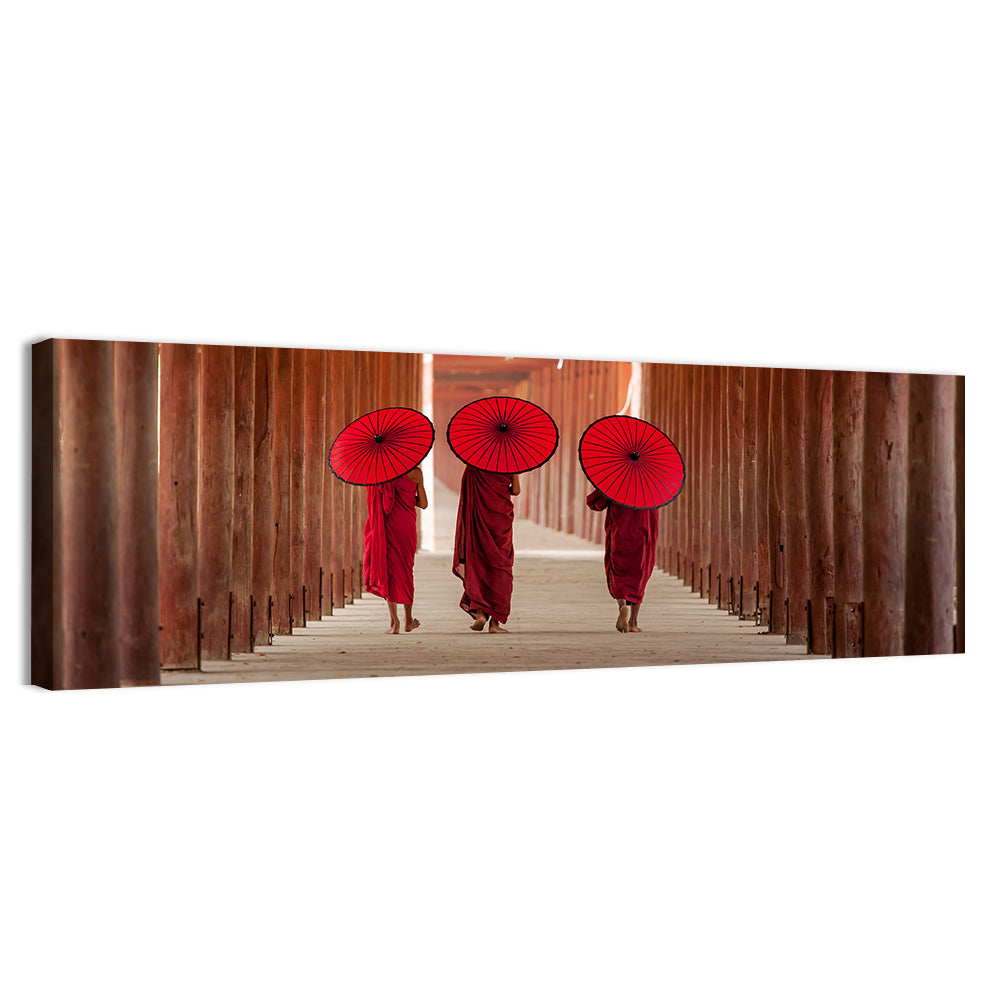 Novice Monks with Red Umbrellas Wall Art