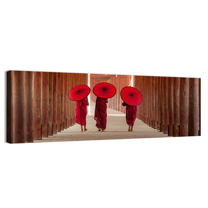 Novice Monks with Red Umbrellas Wall Art