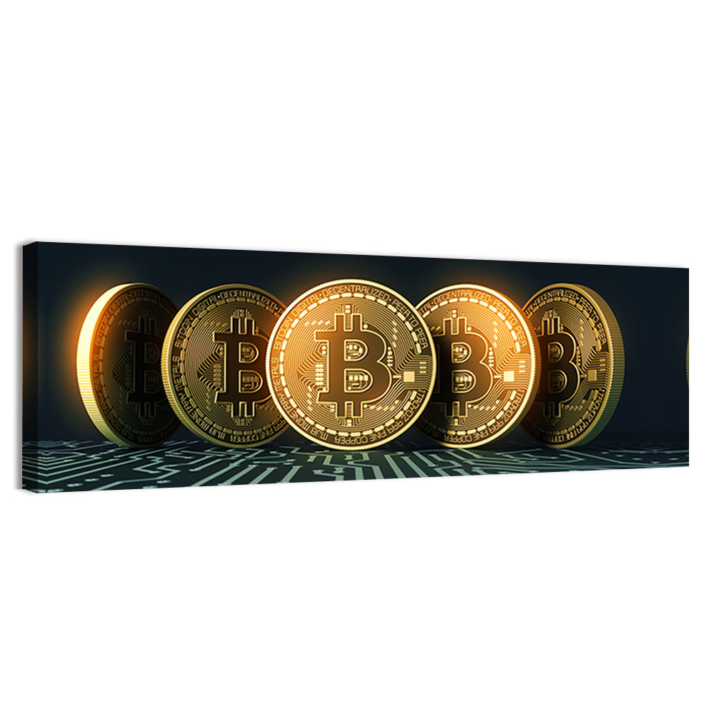 Five Golden Bitcoins on Circuit Board Wall Art