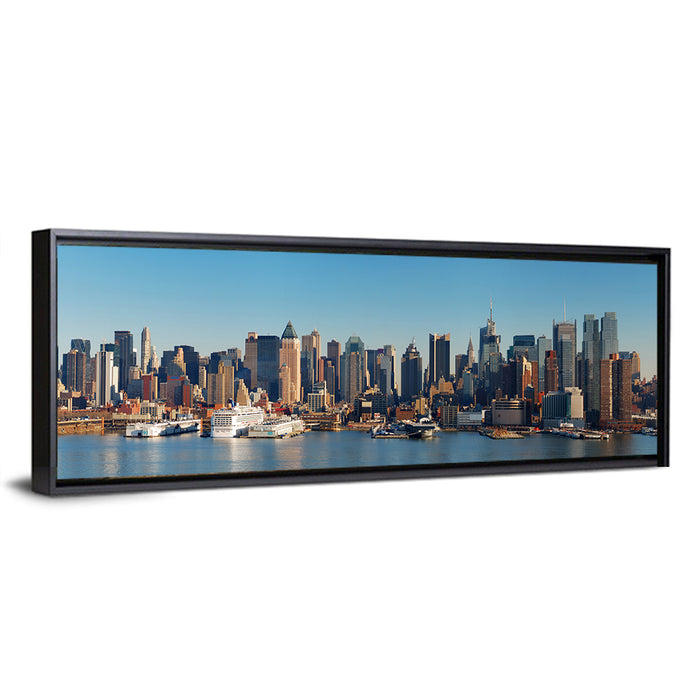 Manhattan Harbor Skyline Wall Art as a framed canvas
