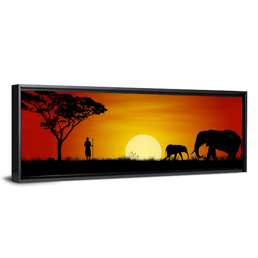 Massai Warrior and Elephants at Sunset Wall Art