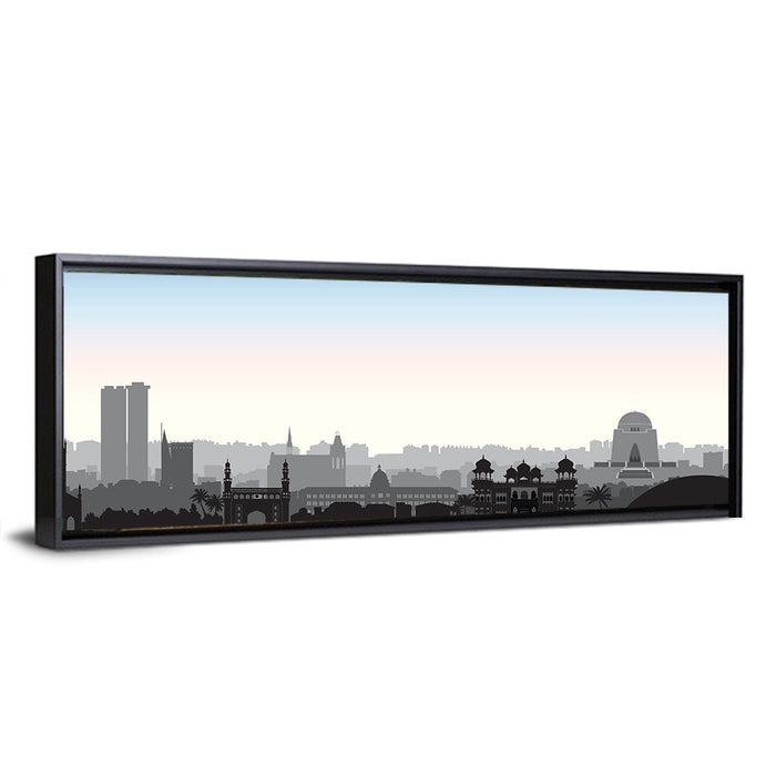 Karachi Skyline at Dawn Wall Art as a framed canvas