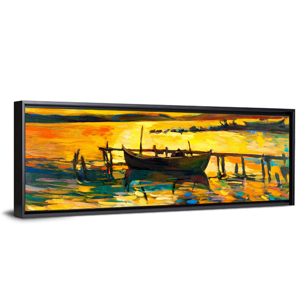 Sunset Boat at Jetty Oil Painting Wall Art