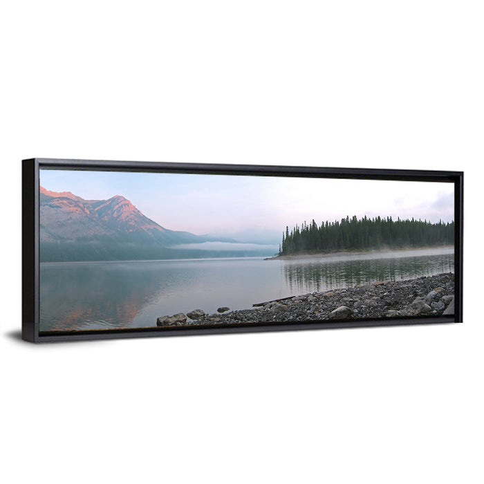 Misty Mountain Lake Wall Art as a framed canvas