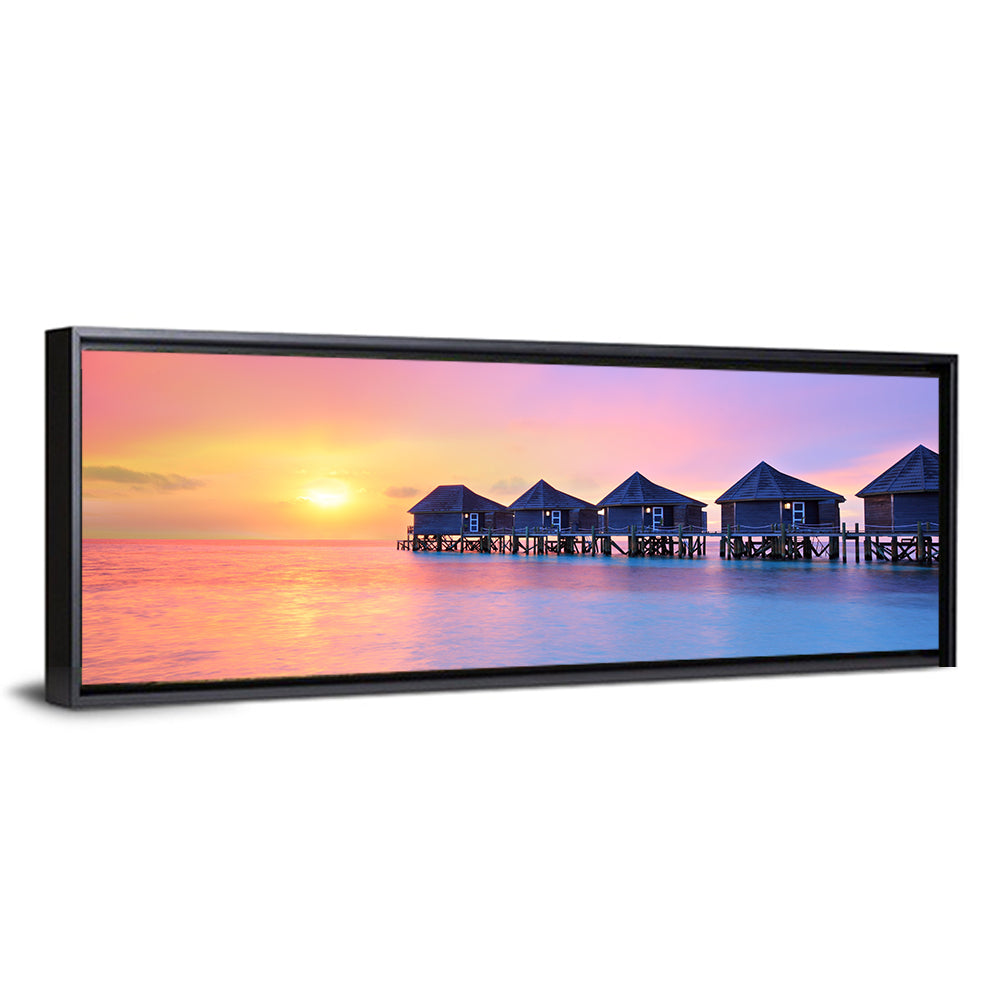 Maldives Sunset Over Water Bungalows Wall Art